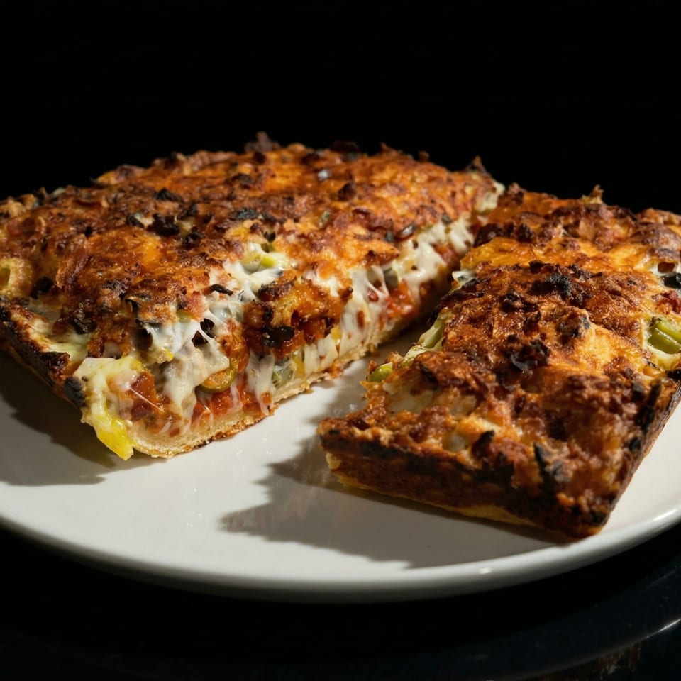 A deep dish pizza, cut into two pieces, with melted cheese and toppings on a white plate.