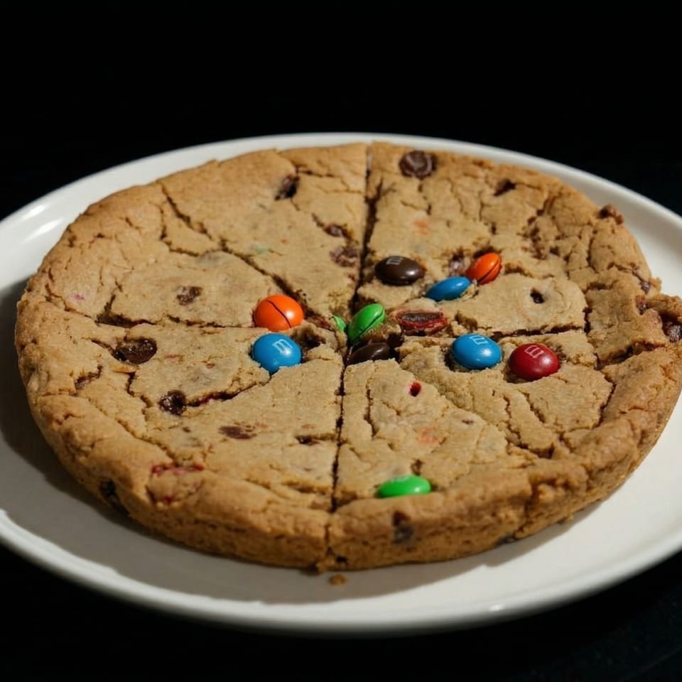 A large, round M&M cookie, cut into four slices, on a white plate.