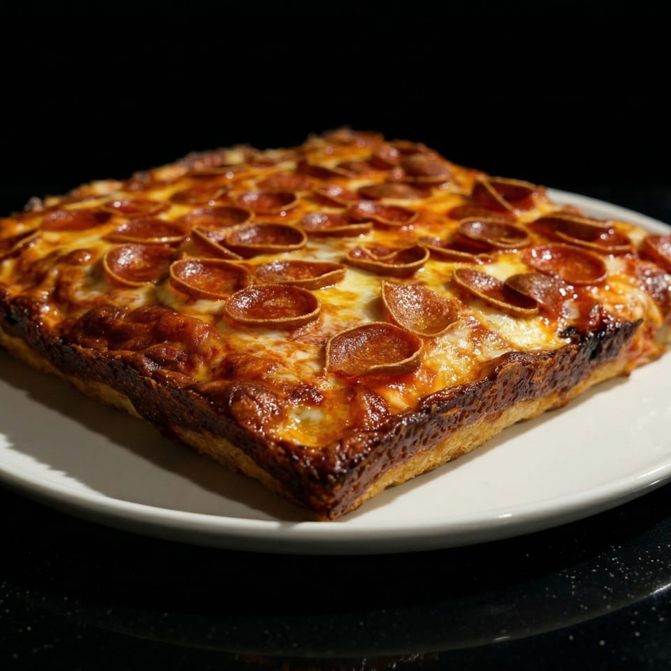Square Detroit-style pepperoni pizza with crispy edges and melted cheese on a white plate.