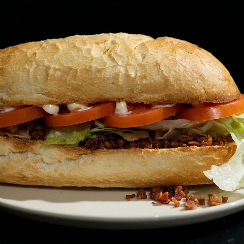 A close-up of a submarine sandwich filled with bacon, lettuce, tomatoes, and mayonnaise on a white plate.