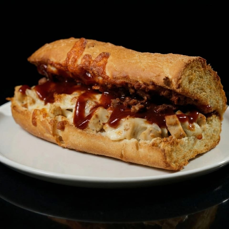A large, cheesy chicken and BBQ sauce sub sandwich on a white plate.