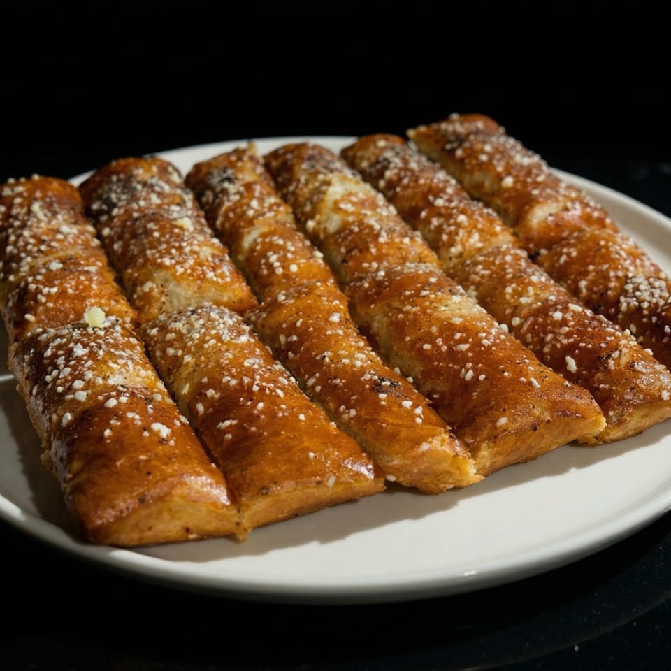 Six golden-brown pretzel sticks, sprinkled with coarse salt, arranged on a white plate.