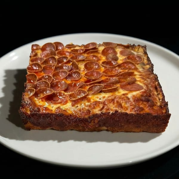 Square deep-dish pepperoni pizza with crispy cheese crust on a white plate.