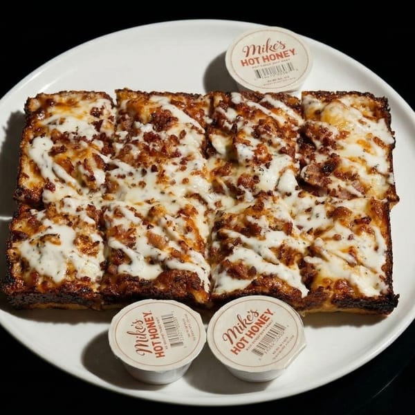 Square pizza with melted cheese, bacon bits, and white sauce drizzle, served with three Mike's Hot Honey cups.