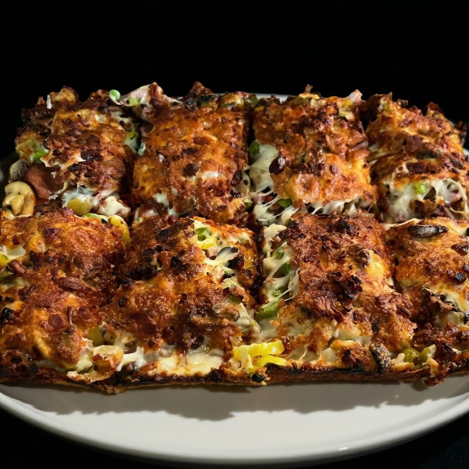 A rectangular deep-dish pizza, cut into squares, with melted cheese, mushrooms, and green peppers.