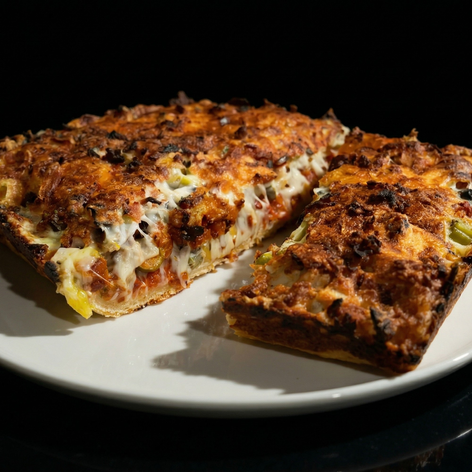 A deep-dish pizza with a golden-brown, bubbly cheese crust and visible fillings on a white plate.