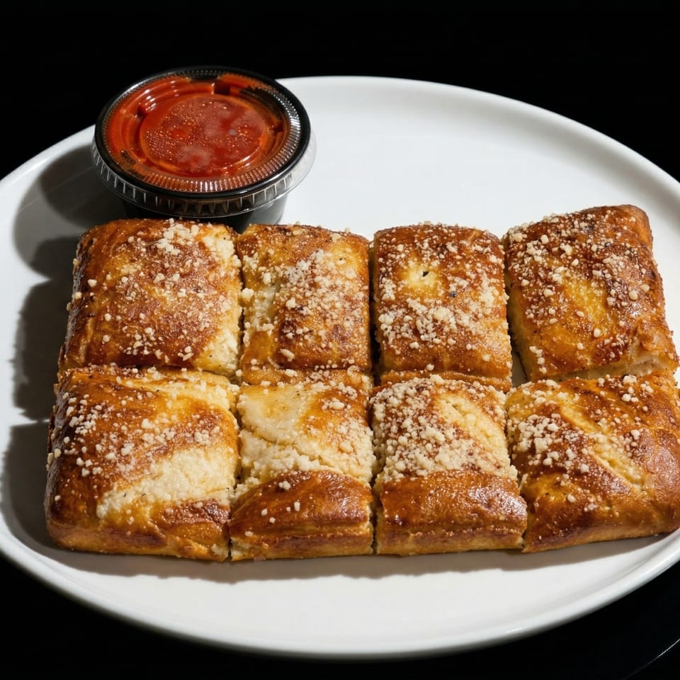 Eight golden-brown pretzel bites topped with parmesan cheese, served with a side of marinara sauce.
